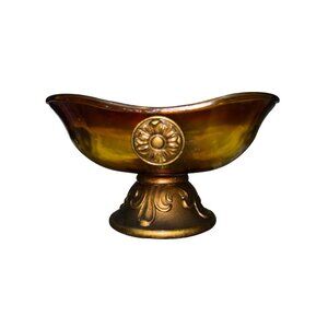 Amber Glass Bowl With Ornate Gold Metal Base & Floral Embellishment Vintage Deco